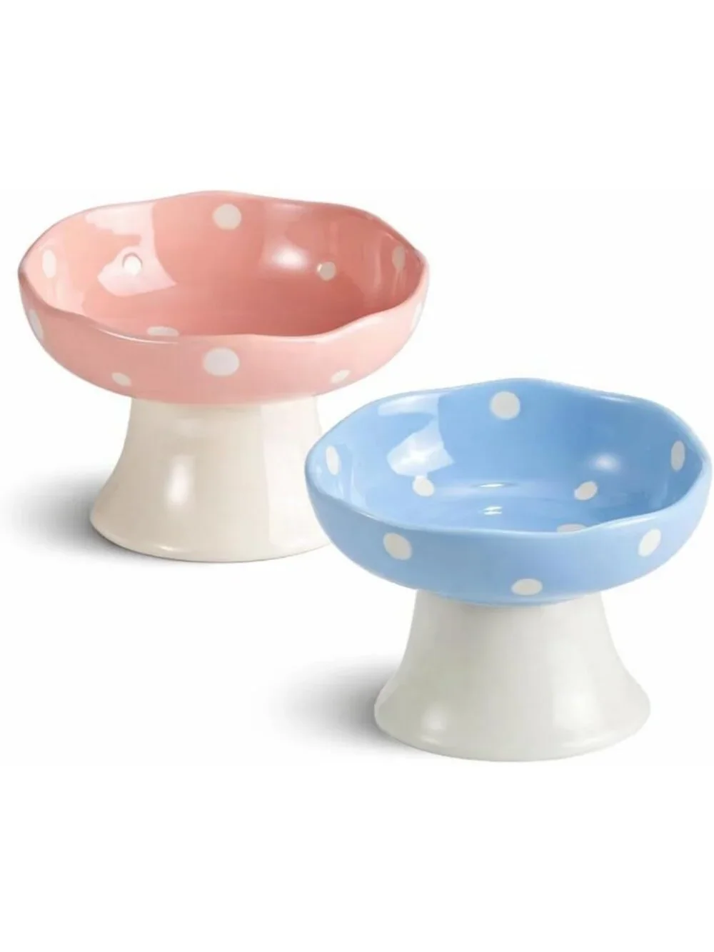 Elevated Ceramic Cat Bowl Set - 2PCS Pink & Blue Mushroom Design, Stylish